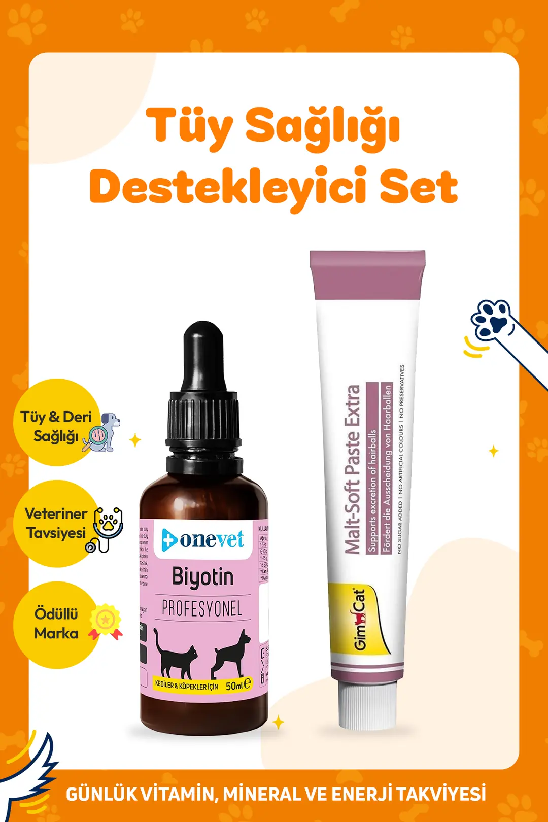 Gimcat Malt Soft Extra Kedi Macunu 100 Gr + OneVet Biotin Tüy Dökülmesini Önleyici Damla 50 Ml