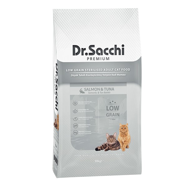 Dr.Sacchi Premium Düşük Tahıllı Somonlu ve Ton Balıklı Kısırlaştırılmış Kedi Maması