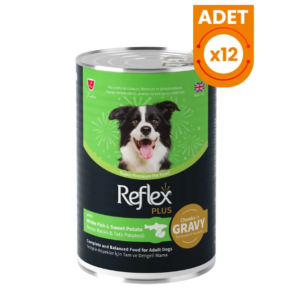 Reflex Plus Sos İçinde Beyaz Balıklı ve Tatlı Patatesli Yetişkin Konserve Köpek Maması - 12 Adet 400 Gr