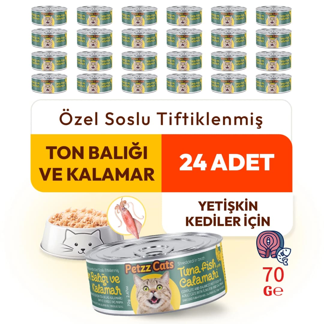 PetzzCats Mama ile Yetişkin Kedilerde Yaygın Sorunlara Etkili Çözüm 3 PetzzCats Ton Balığı & Kalamar Konserve Kedi Maması