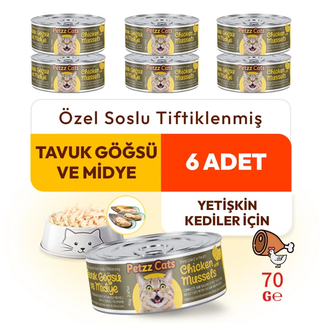 PetzzCats Mama ile Yetişkin Kedilerde Yaygın Sorunlara Etkili Çözüm 4 PetzzCats Tavuk & Midye Konserve Kedi Maması