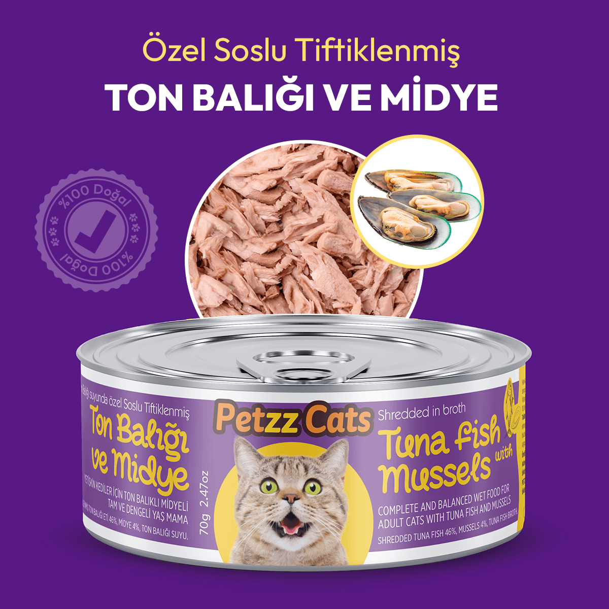 PetzzCats Lezzetli Sos İçinde Taze Fileto Ton Balıklı ve Midyeli Konserve Kedi Maması