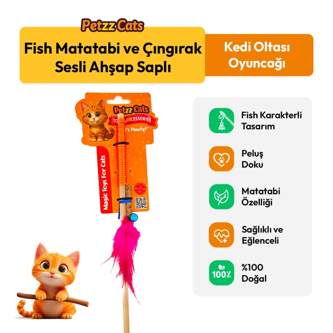 PetzzCats Fish Matatabi ve Çıngırak Sesli Ahşap Saplı Kedi Olta Oyuncağı