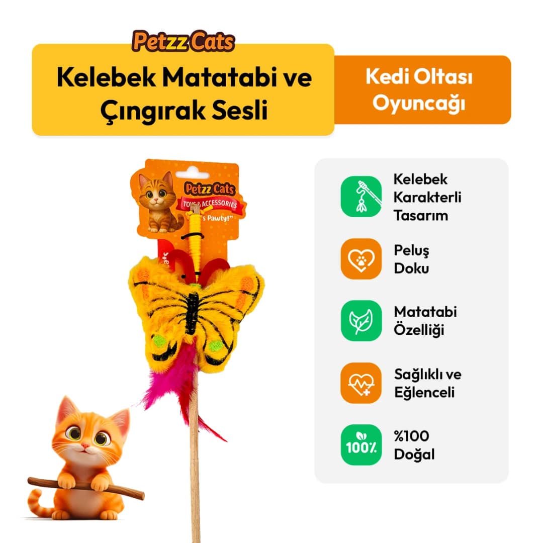 PetzzCats Kelebek Matatabi ve Çıngırak Sesli Kedi Oltası Oyuncağı
