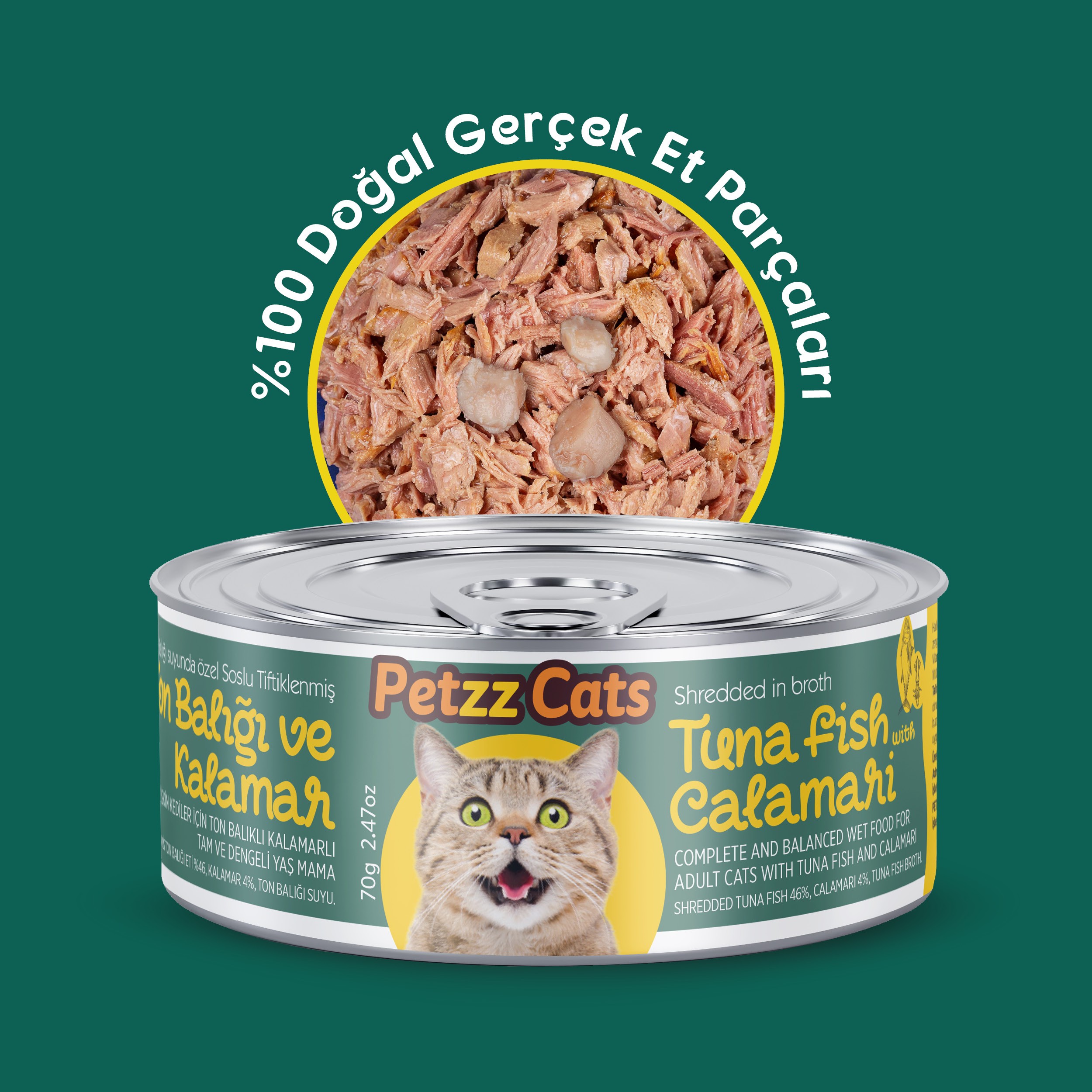 PetzzCats Lezzetli Sos İçinde Taze Fileto Ton Balıklı ve Kalamarlı Konserve Kedi Maması
