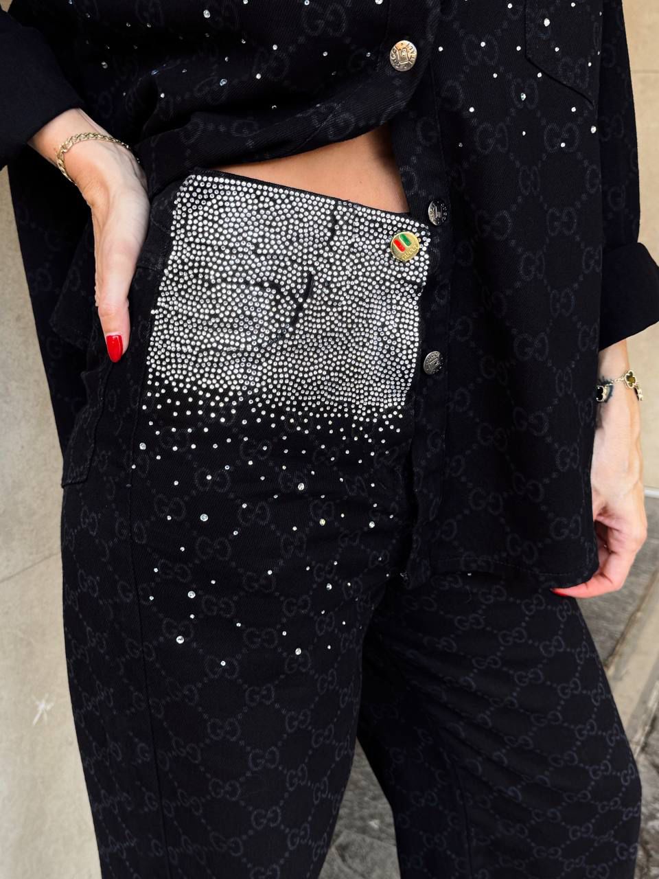 GUCCI YAKMA DESENLİ TAŞLI İKİLİ TAKIM