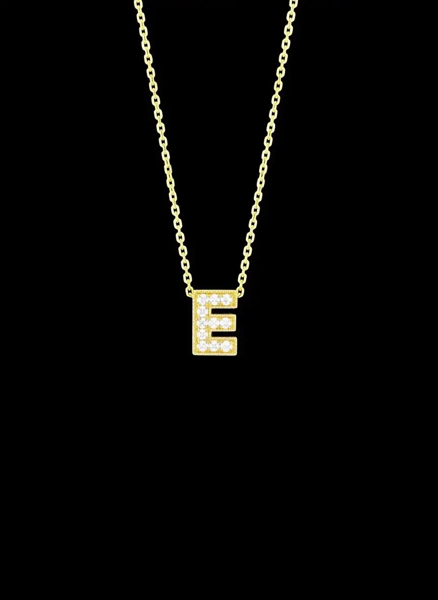 3 BOYUTLU E HARFİ ALTIN KOLYE