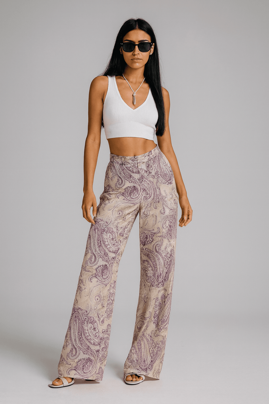 Desenli Bol Paça Pantolon G6098 - Lila Şal Desen