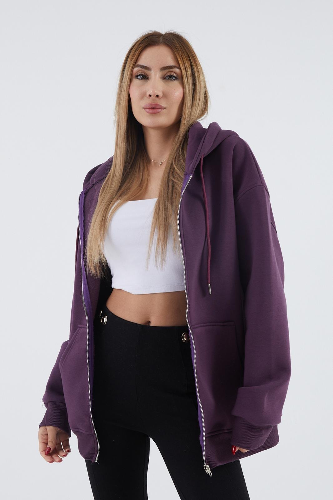 İçi Polarlı Kalın Sweatshirt ZN4545 - mor