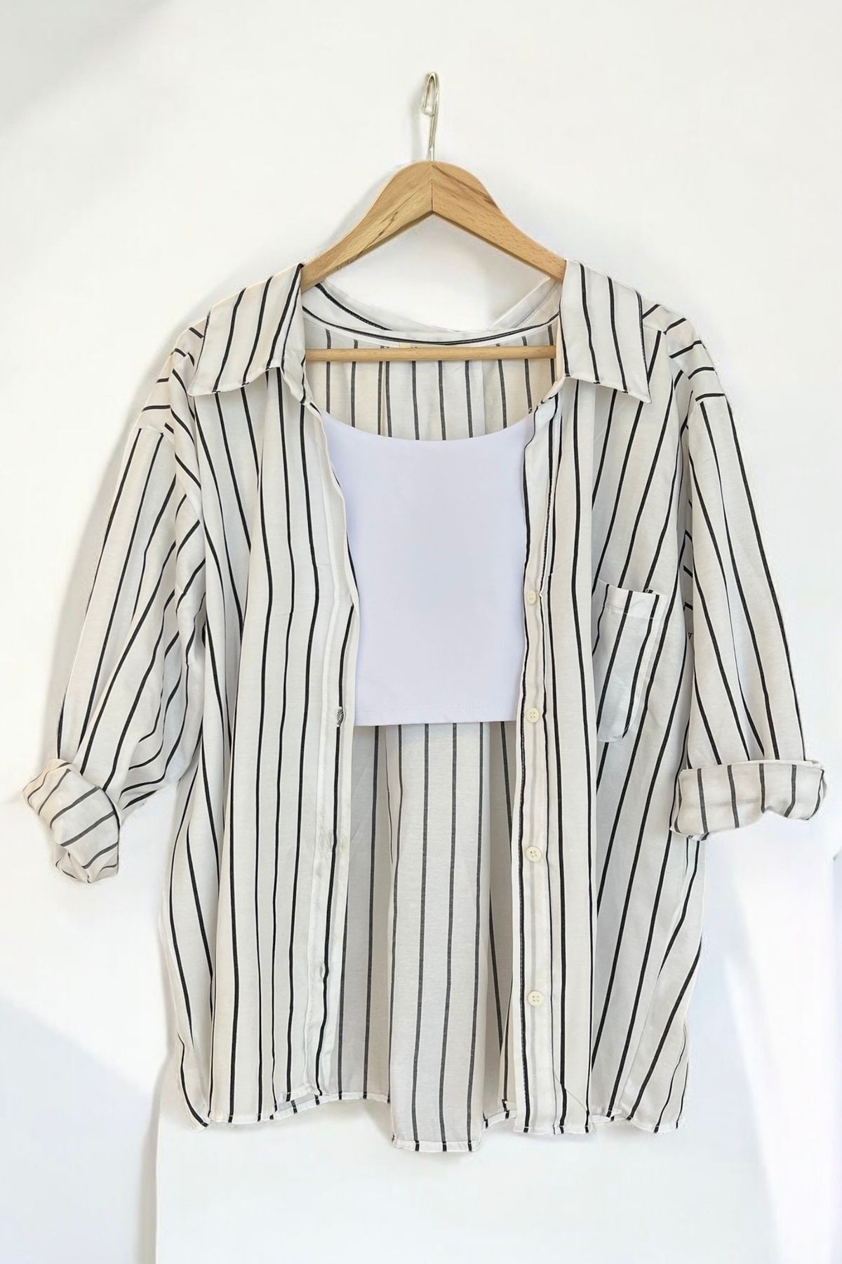 Oversize Büyük Yakalı Çizgili Marin Gömlek BB-KU3435