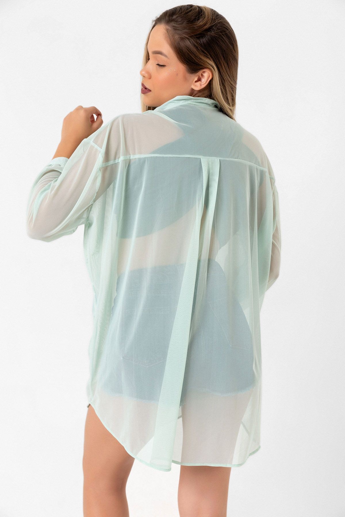 Oversize Tül Şifon Salaş Gömlek - mint