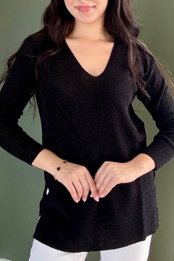 V Yaka Simli Triko (Kalçayı Kapatır) D5039