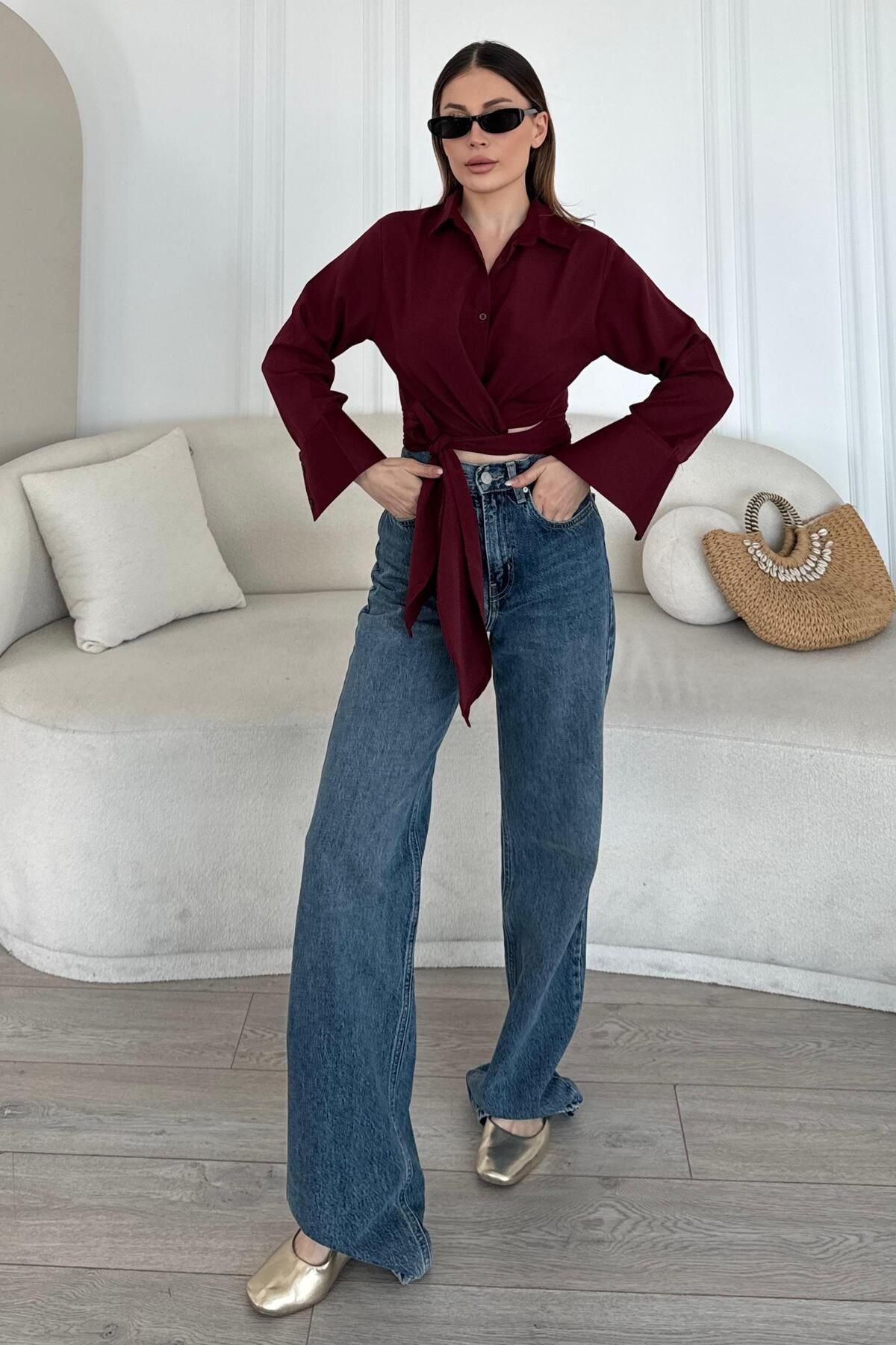 Lüx Kalite Bağlamalı Poplin Gömlek BB0250 - bordo1