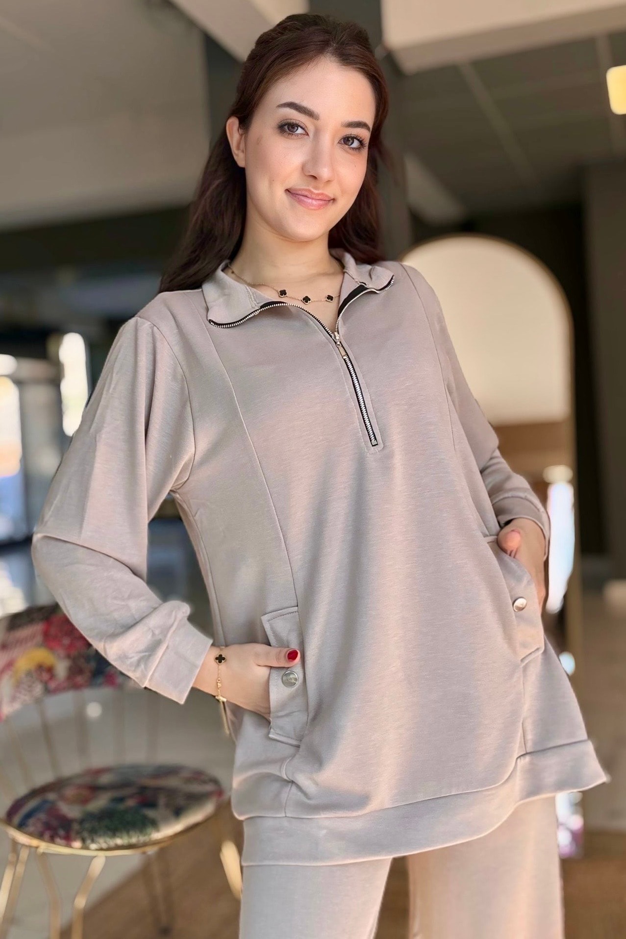 Modal Kumaş Tunik Takım R6766 - bej
