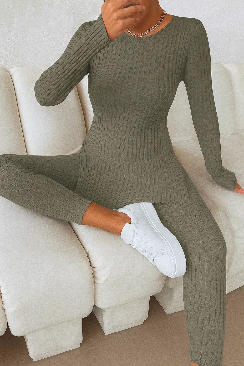 Yırtmaç Detay Tayt Takım A4097 - haki