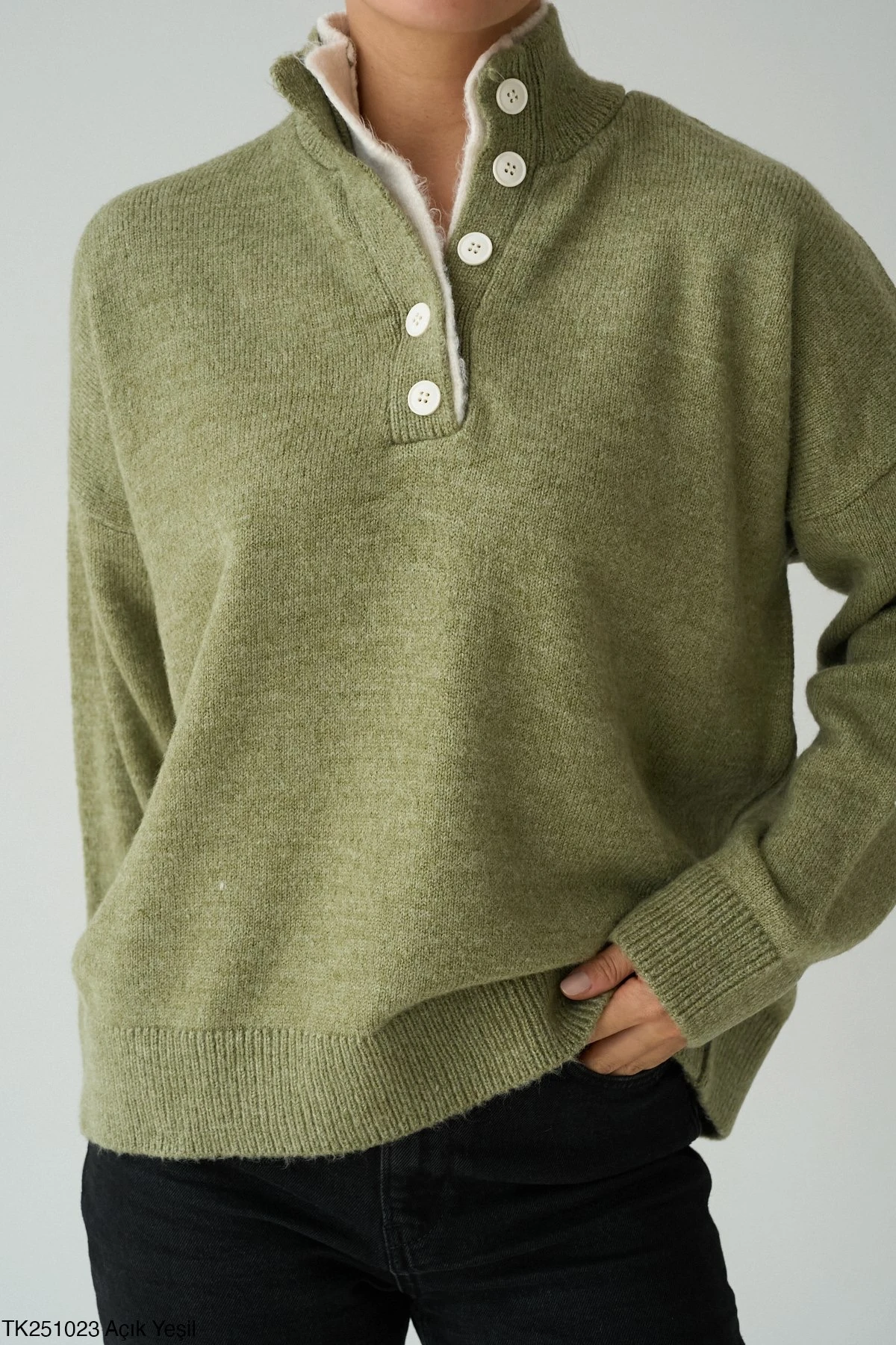 Premium Seri Yaka Detaylı Kazak B7384 - açık yeşil