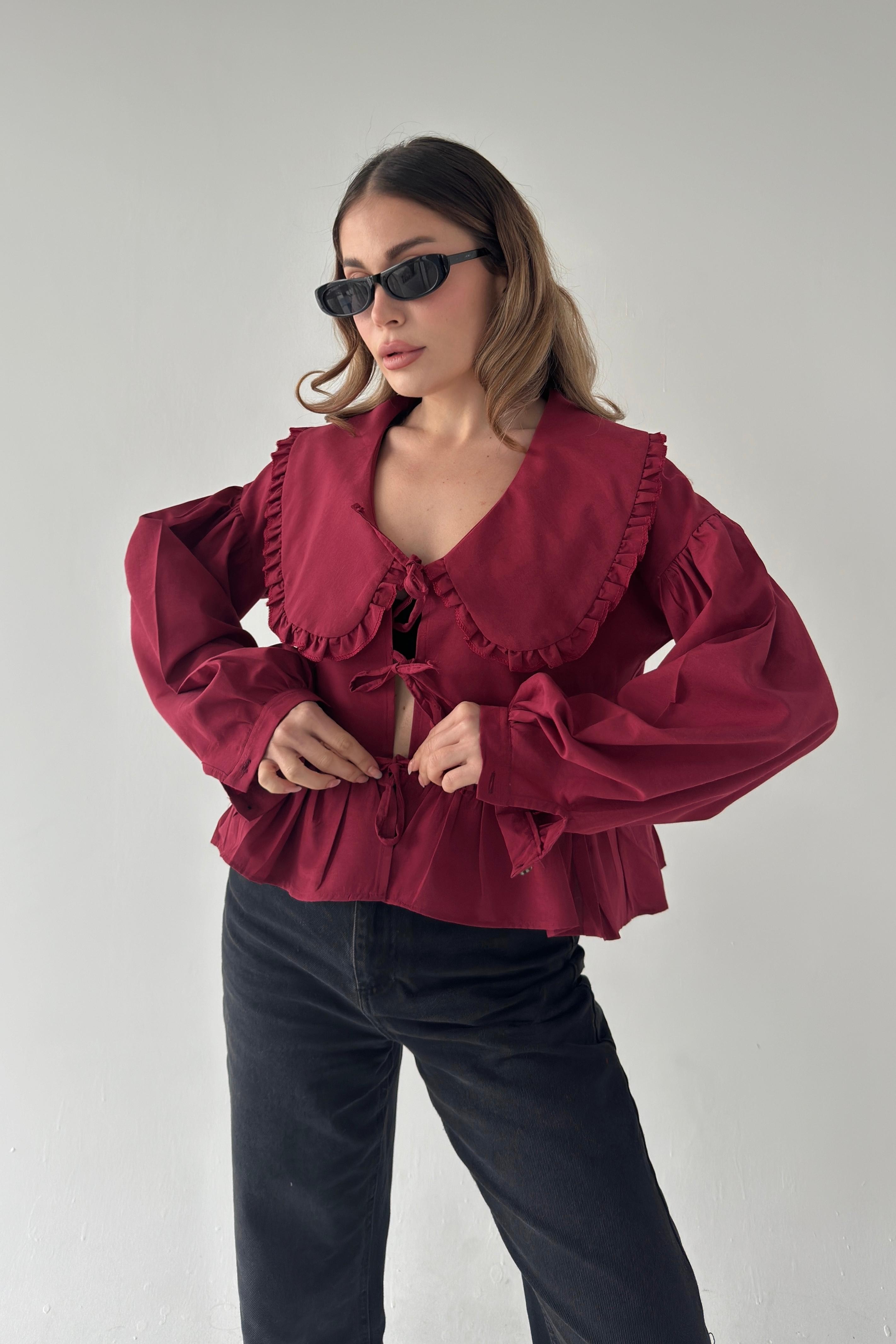 Bebe Yaka Önden Bağlamalı Pinterest Gömlek PN0X90 - BORDO
