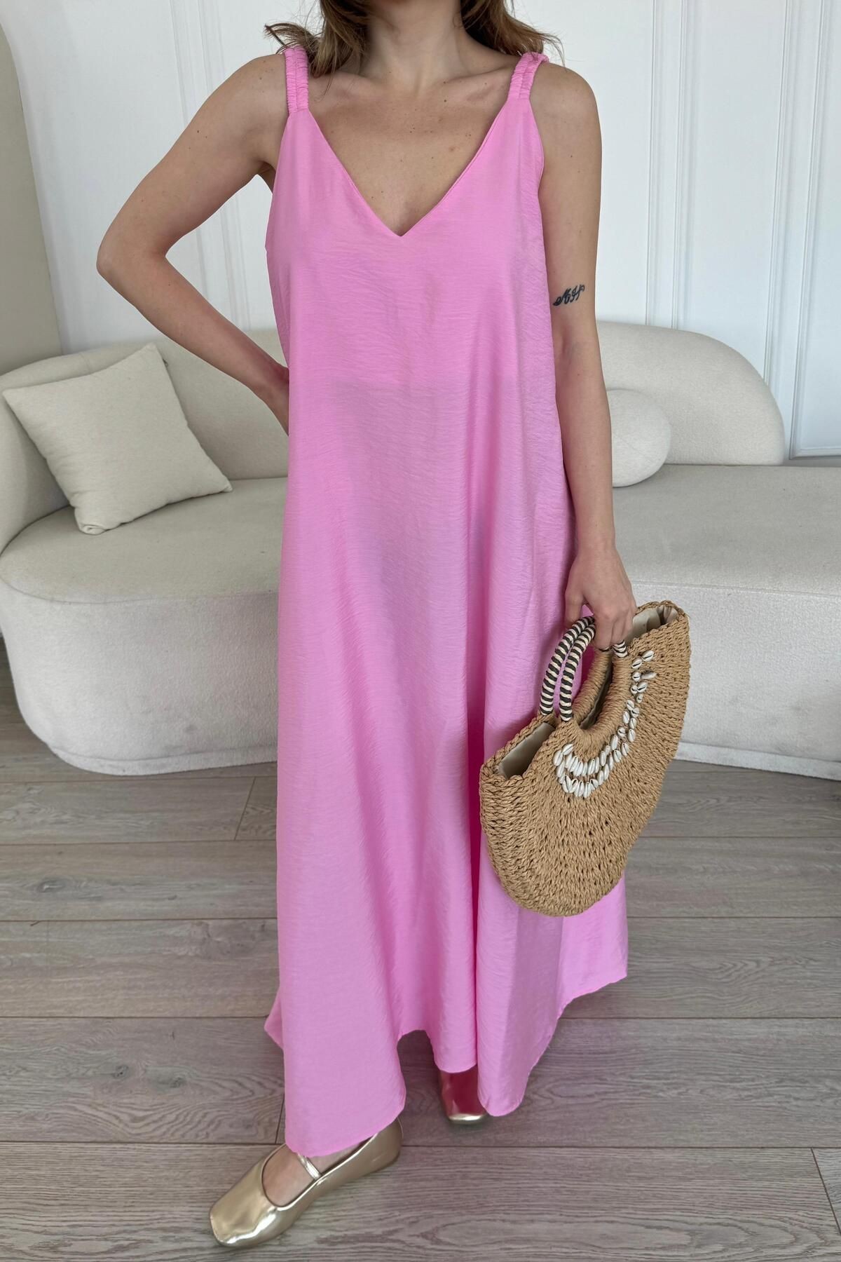 Dökümlü Basic Kolay Ütü Bodrum Keten Elbise - pembe2