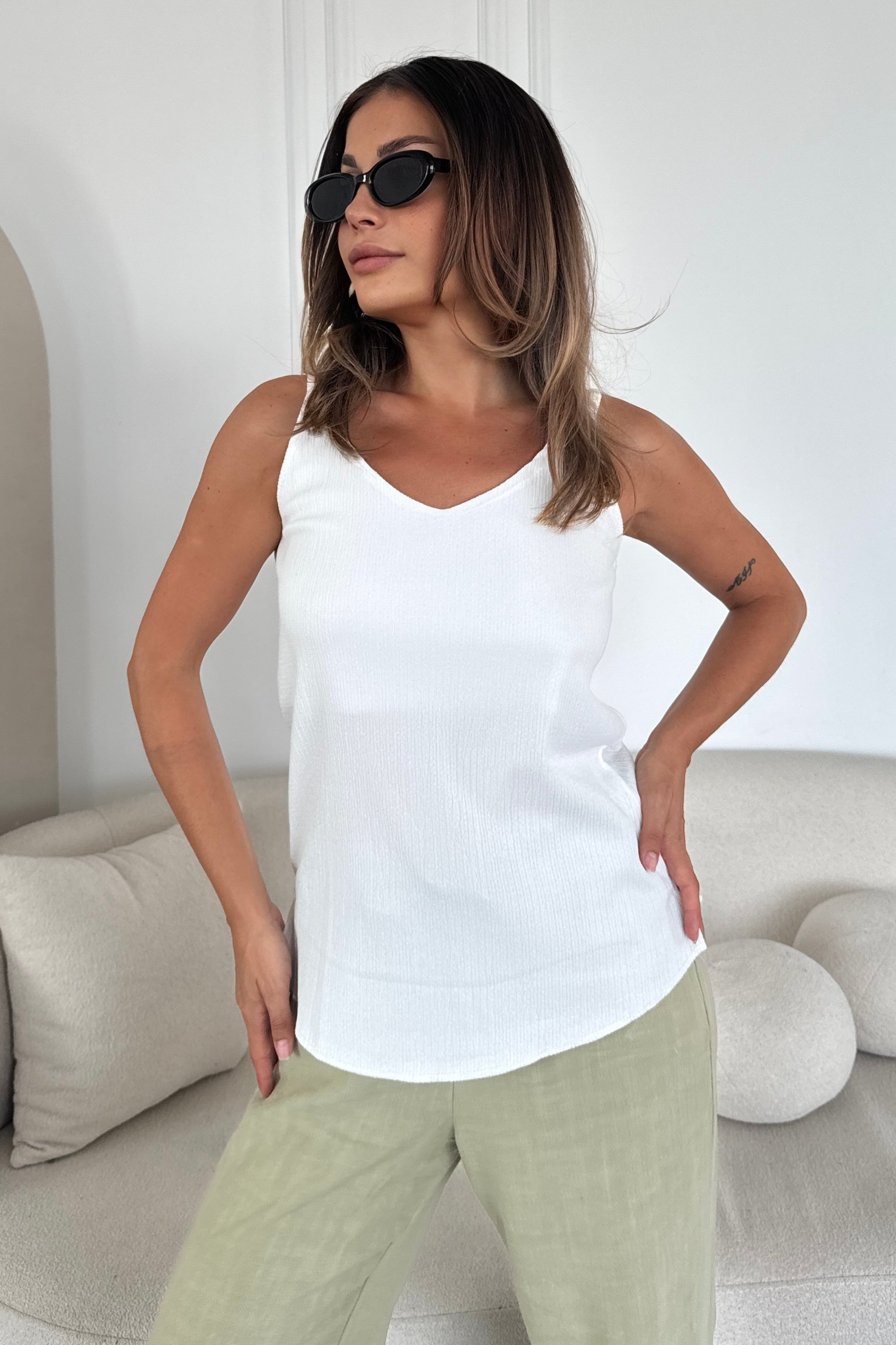 Askılı Krinkıl Dokulu Bluz Y3617 - beyaz