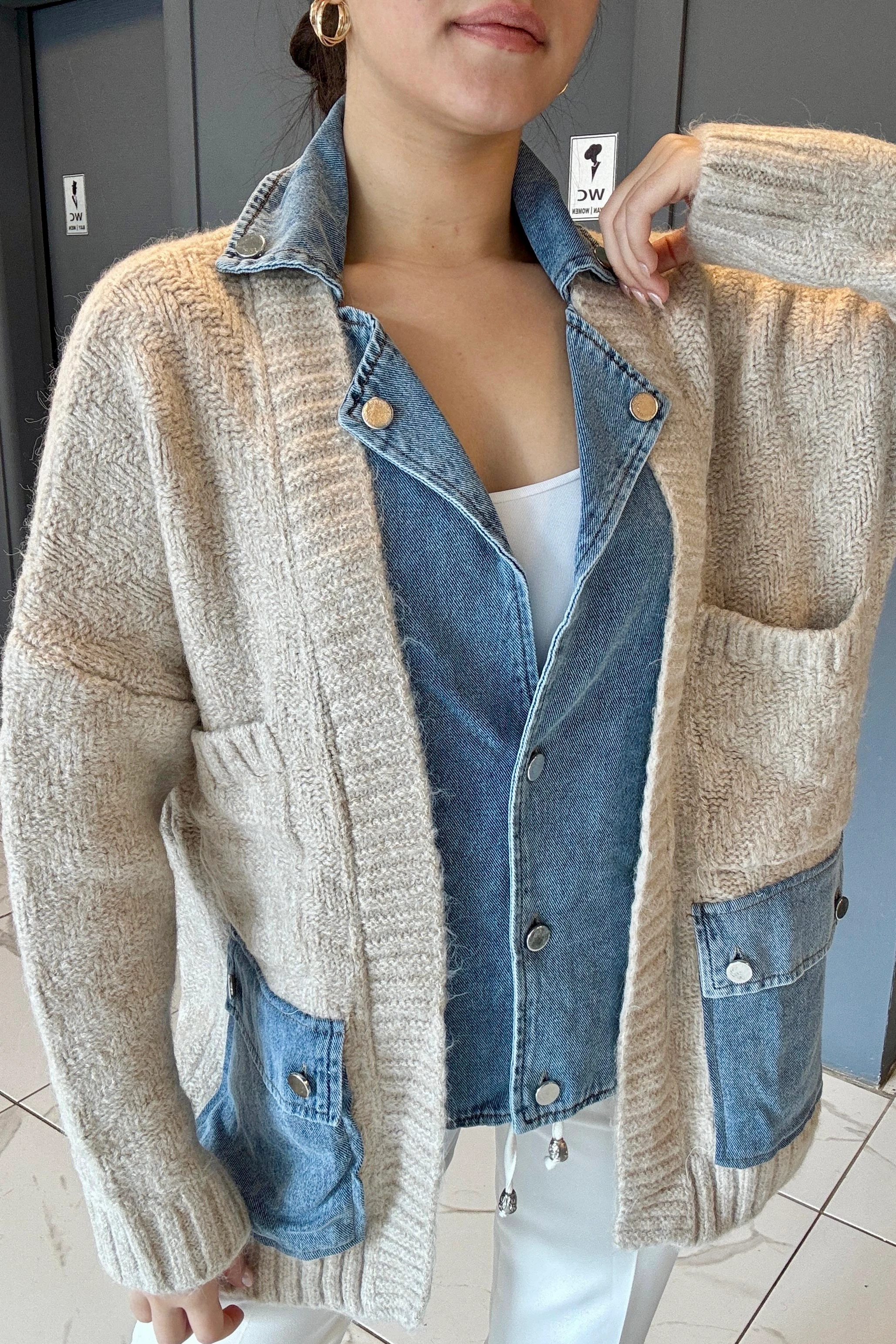 Premium Seri Kot Detaylı Triko Ceket B0376 - bej