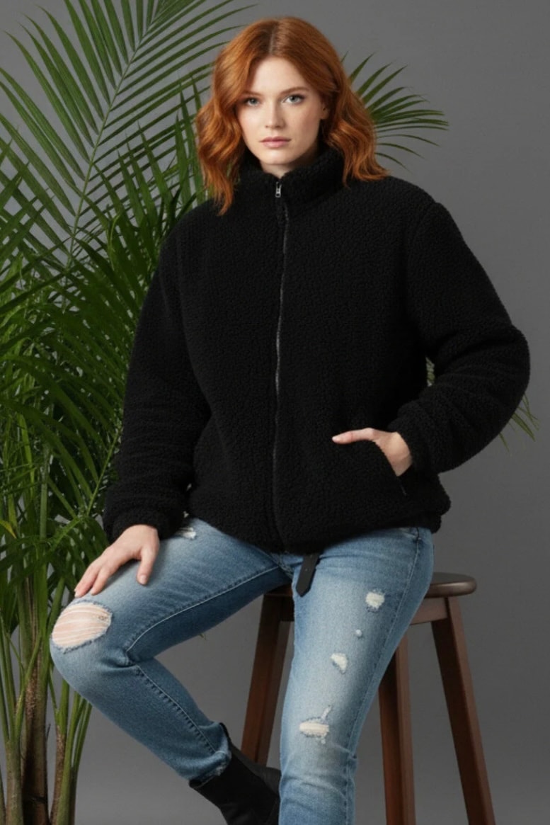 Fermuarlı Peluş Ceket H8019 - siyah