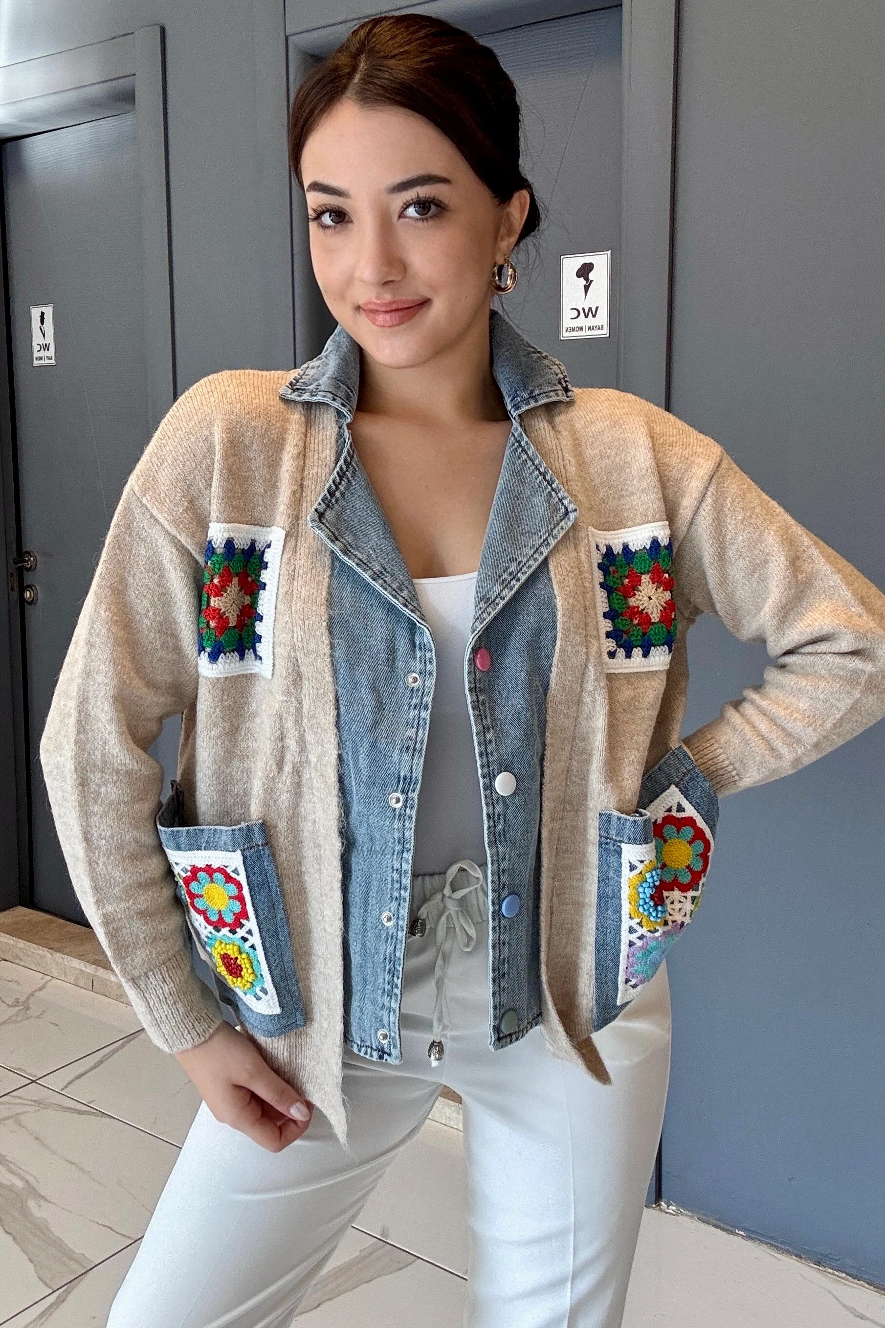 Premium Seri Kot Detaylı Triko Ceket B0376 - Güpürlü