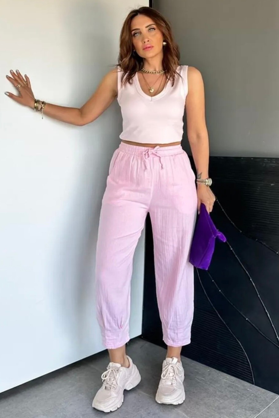 Paça Pensli Müslin Balon Pantolon FG8797 - pembe