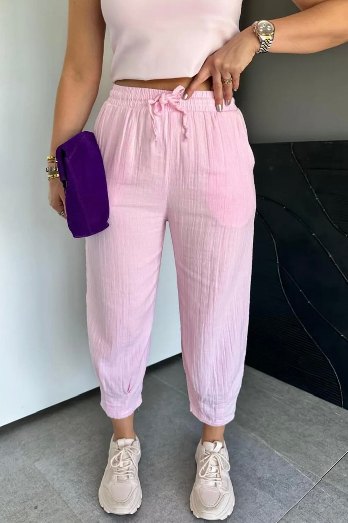 Paça Pensli Müslin Balon Pantolon FG8797 - pembe