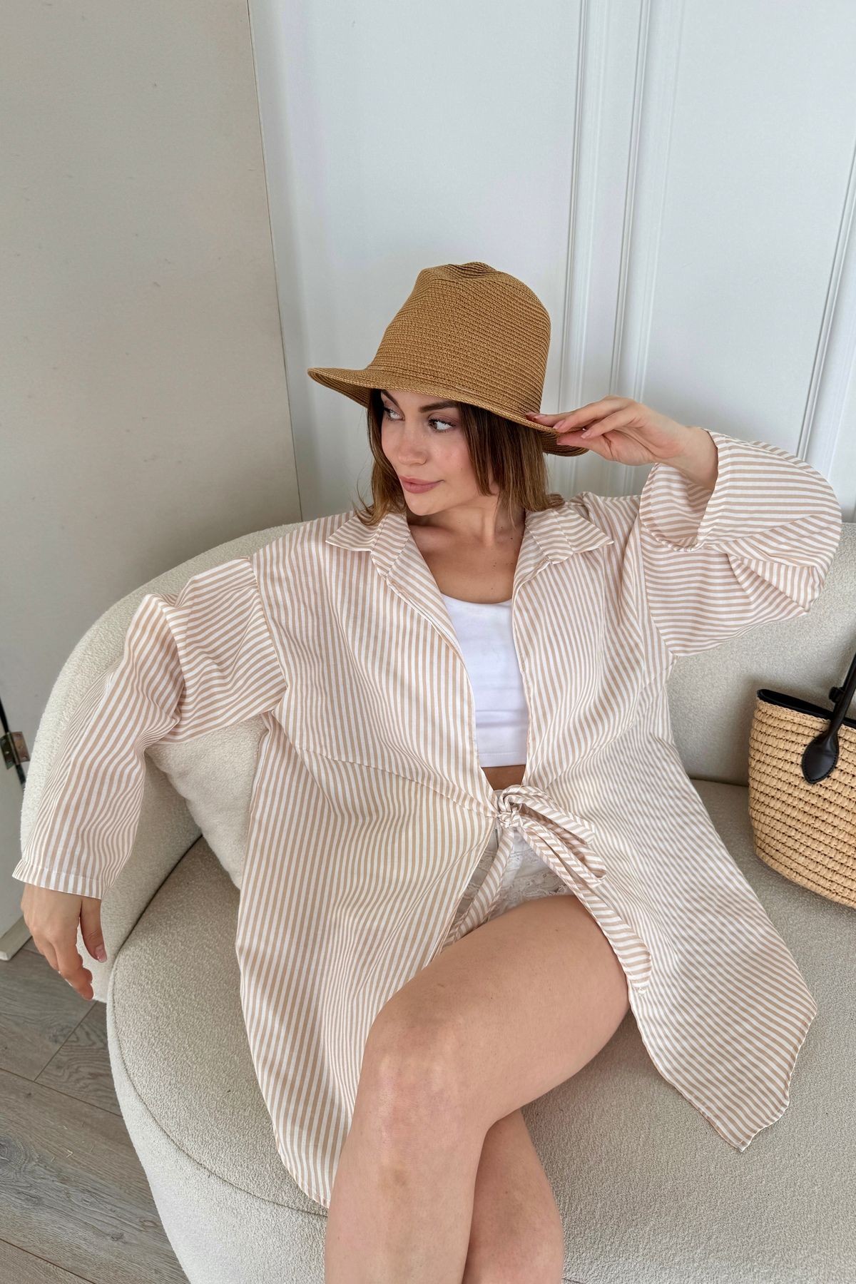 Özel Seri Oversize Bağlamalı Kimono Gömlek B6547 - bej