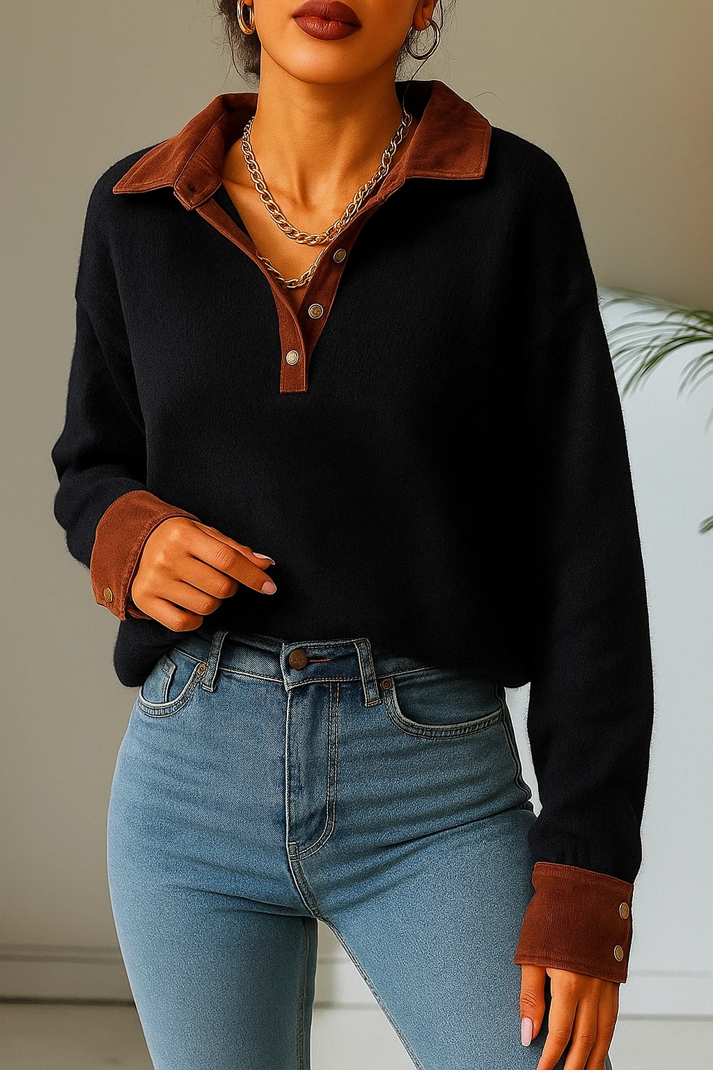 Premium Seri Kot Detaylı Kazak D3599 - siyah