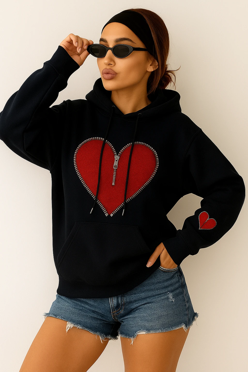 Kalp Baskılı Puff Sweatshirt K7453 - siyah