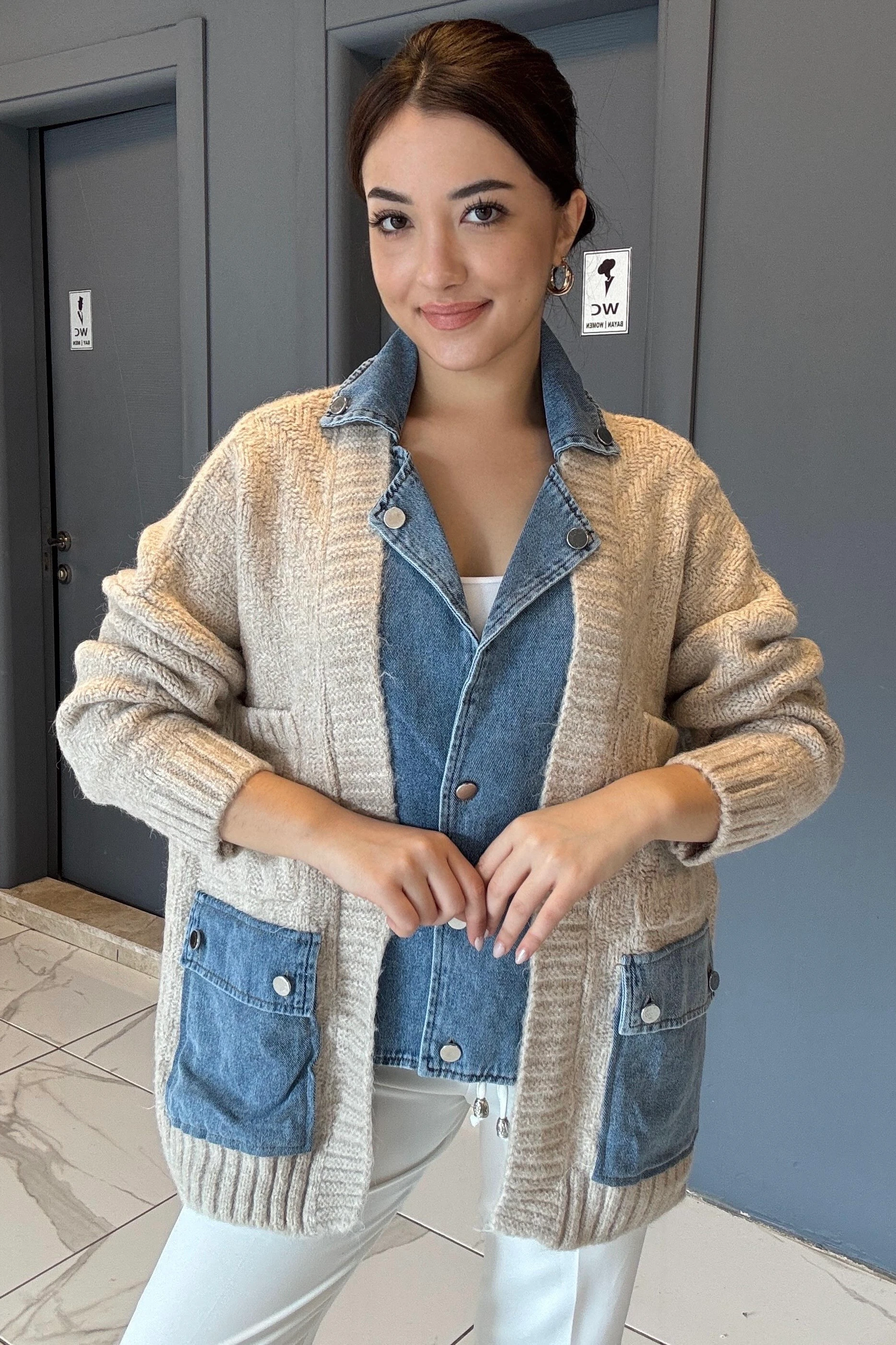 Premium Seri Kot Detaylı Triko Ceket B0376 - bej