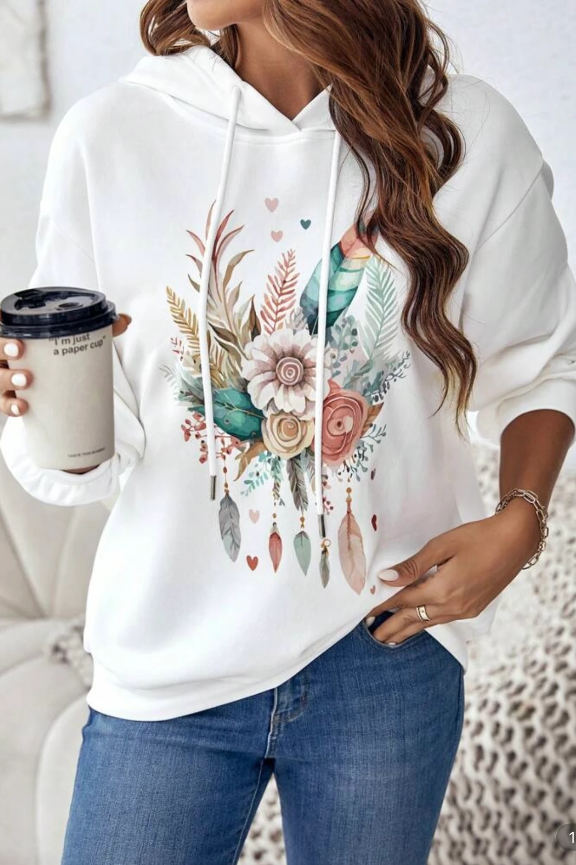 Flowers Puff Sweatshirt F6092 - beyaz