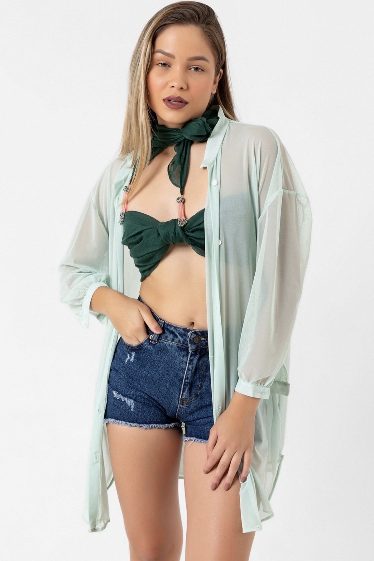 Oversize Tül Şifon Salaş Gömlek - mint