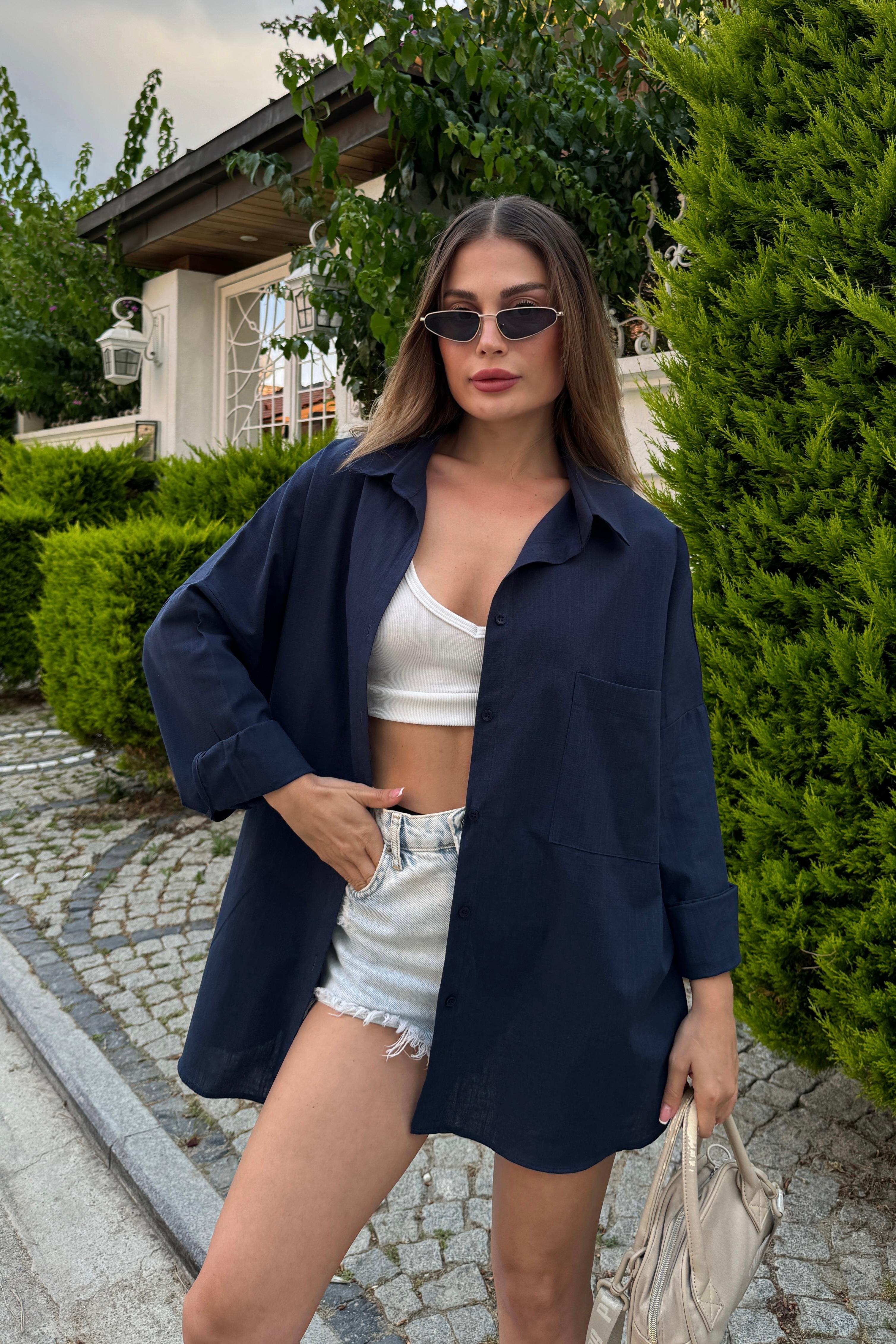 Oversize Keten Dokulu %100 Pamuk Salaş Gömlek BB-KU3435