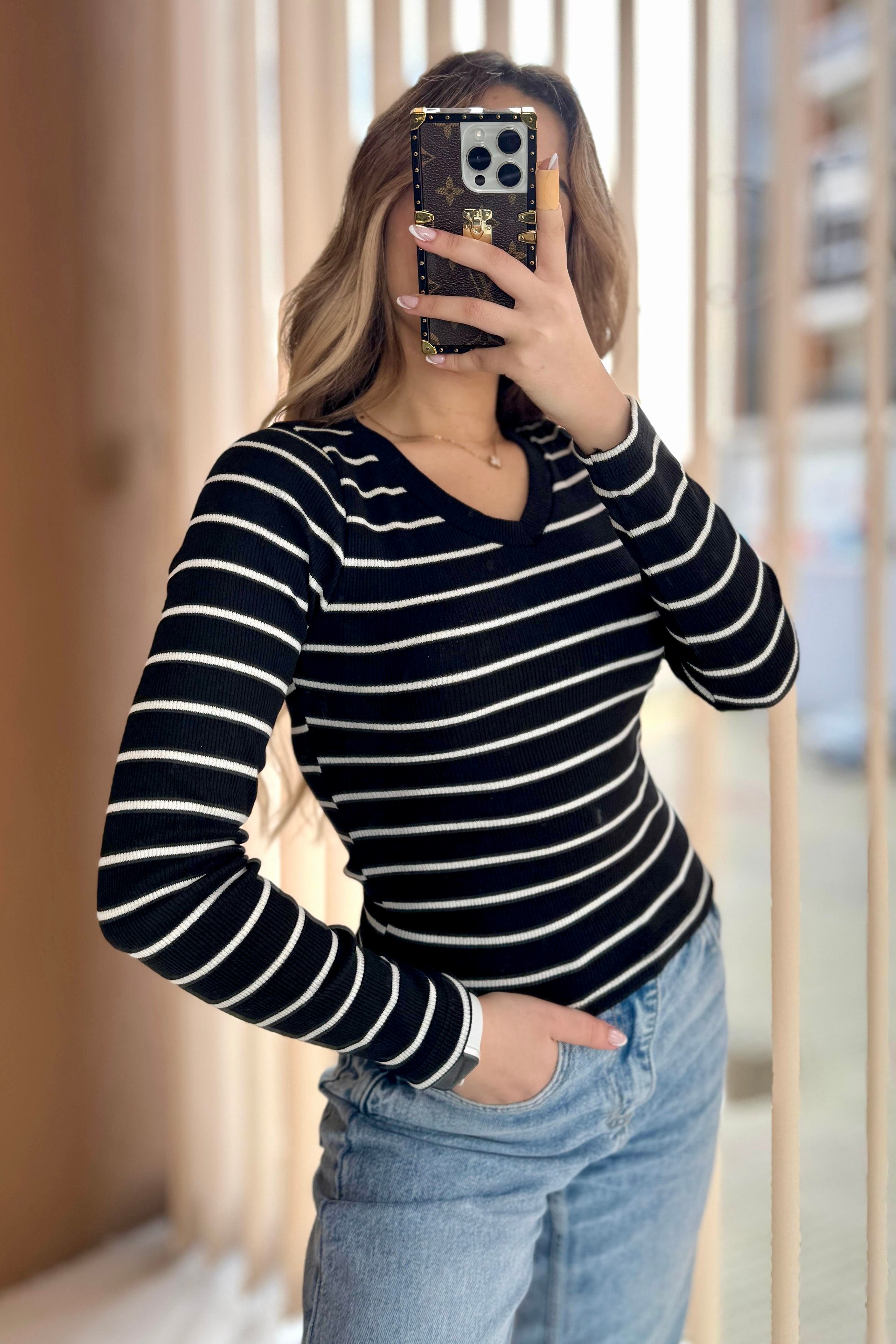 V Yaka Çizgili Waffle Bluz N5444 - siyah