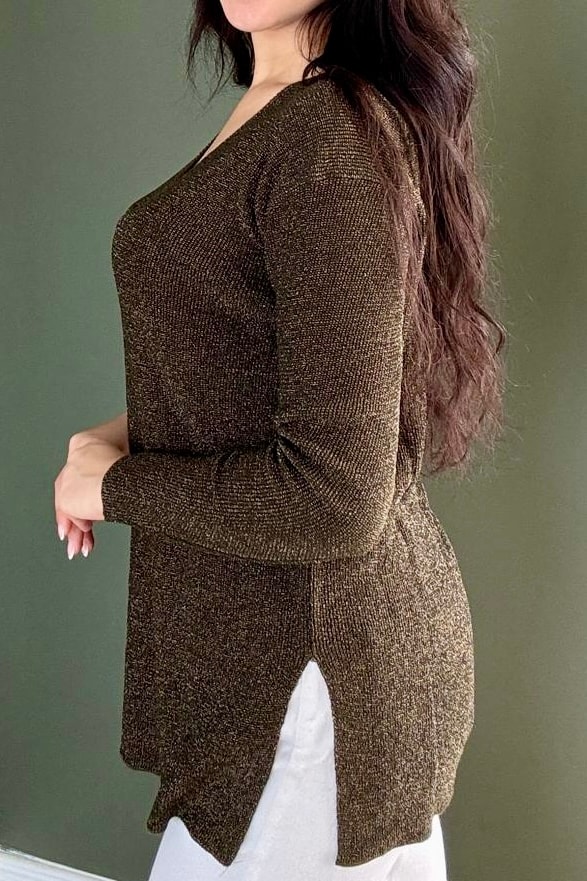 V Yaka Simli Triko (Kalçayı Kapatır) D5039 - haki