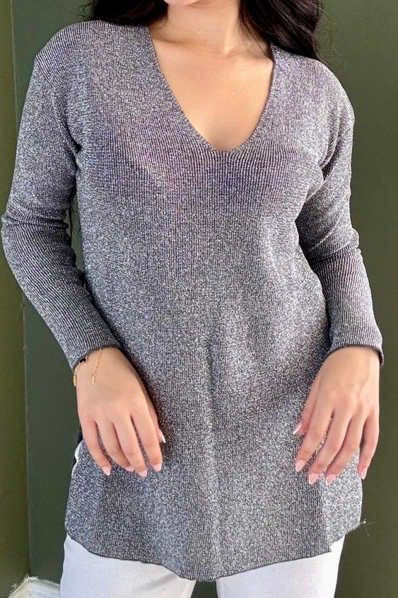 V Yaka Simli Triko (Kalçayı Kapatır) D5039 - gri