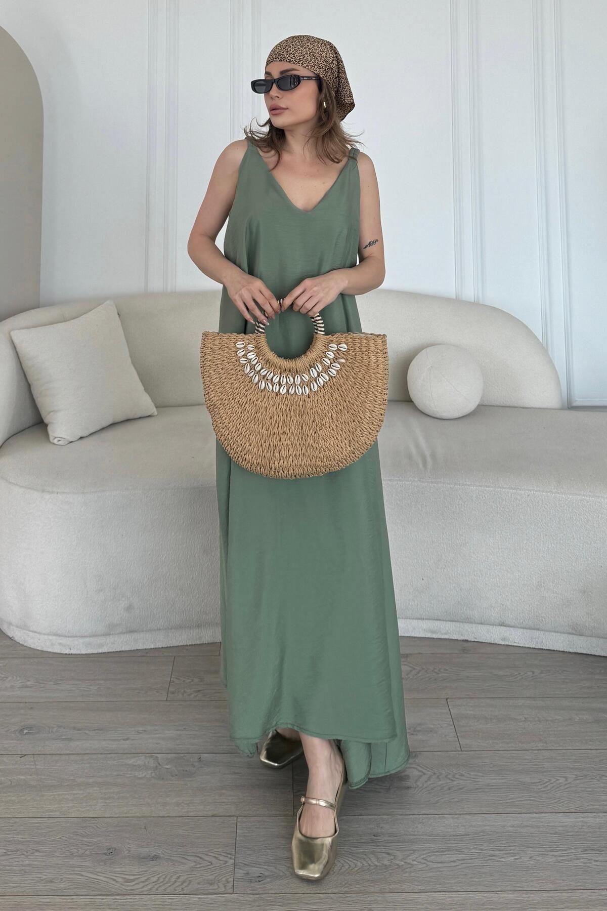 Dökümlü Basic Kolay Ütü Bodrum Keten Elbise - mint