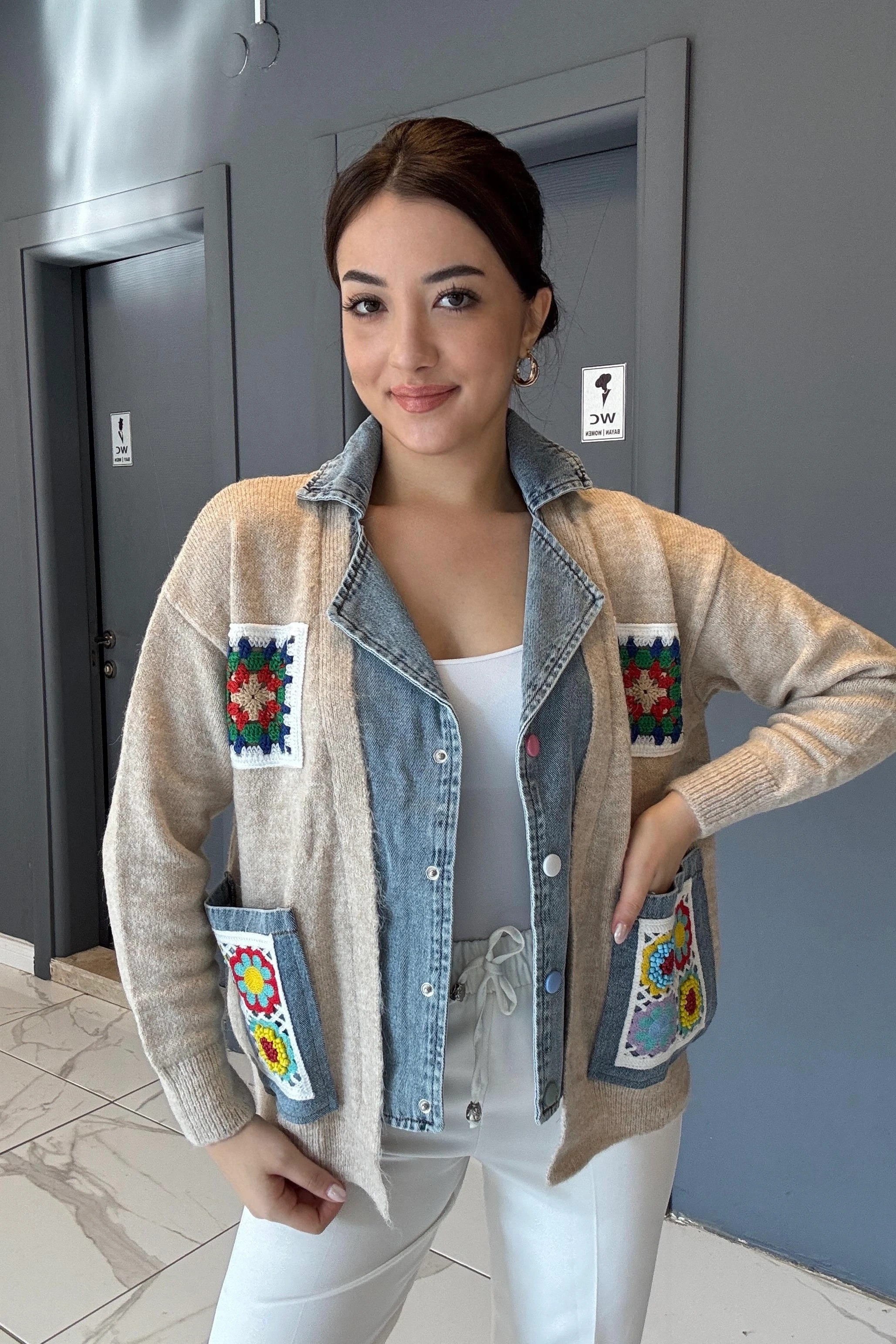 Premium Seri Kot Detaylı Triko Ceket B0376 - Güpürlü