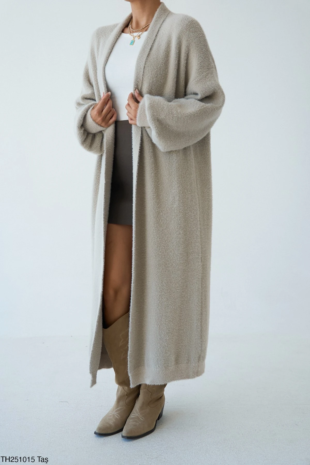 Premium Seri Uzun Yumoş Hırka B4909 - vizon