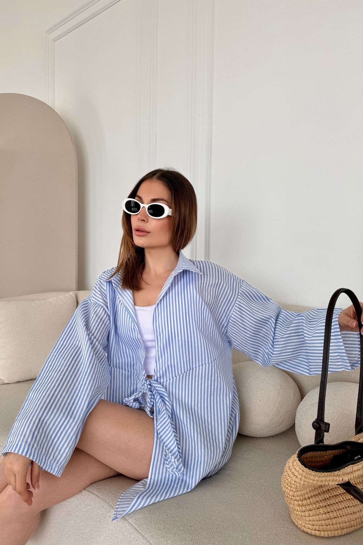 Özel Seri Oversize Bağlamalı Kimono Gömlek B6547 - mavi
