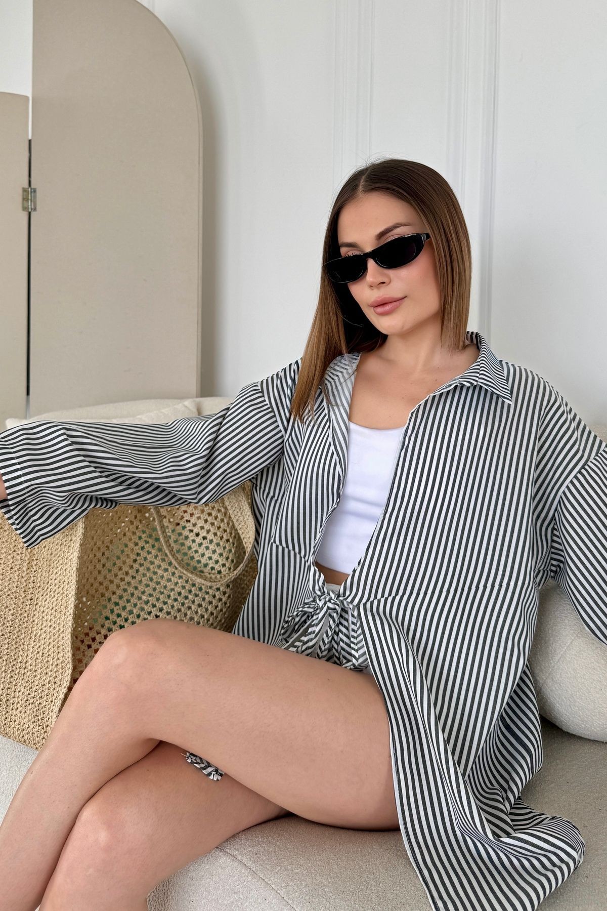 Özel Seri Oversize Bağlamalı Kimono Gömlek B6547 - siyah