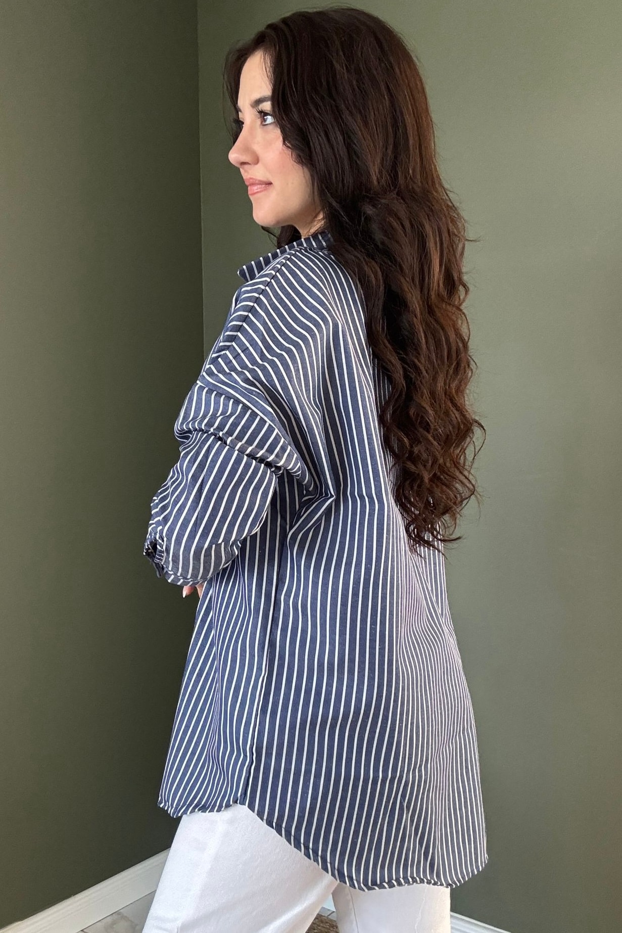 Oversize Çizgili Gömlek B5039 - koyu lacivert