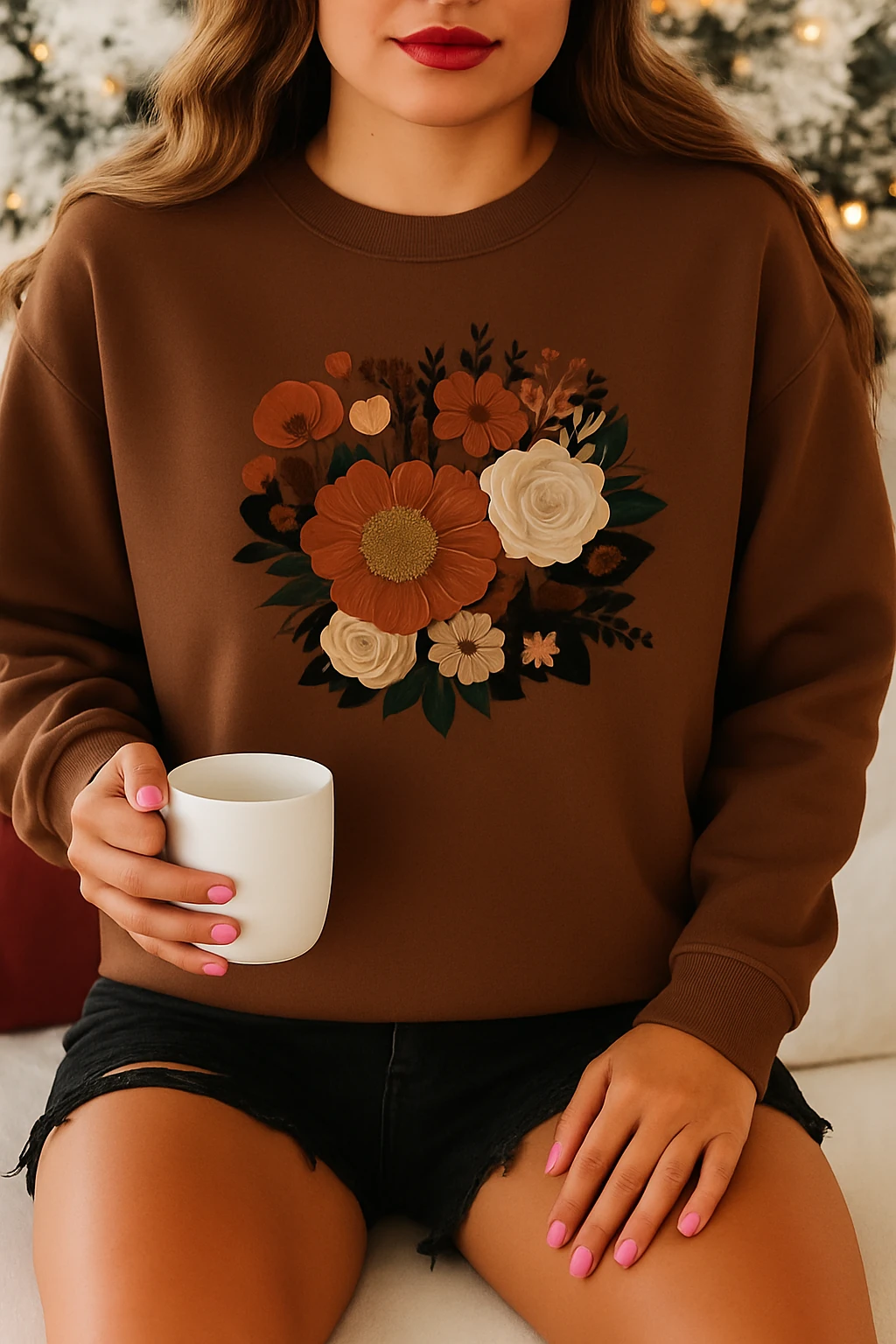 Çiçekli Puff Sweatshirt C4129 - kahverengi