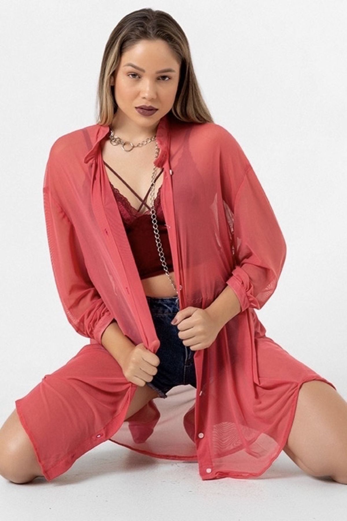 Oversize Tül Şifon Salaş Gömlek