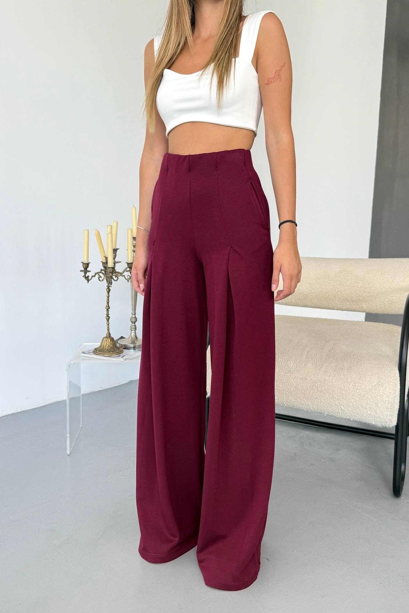 Pileli Model Modal Pantolon Z5518 - bordo