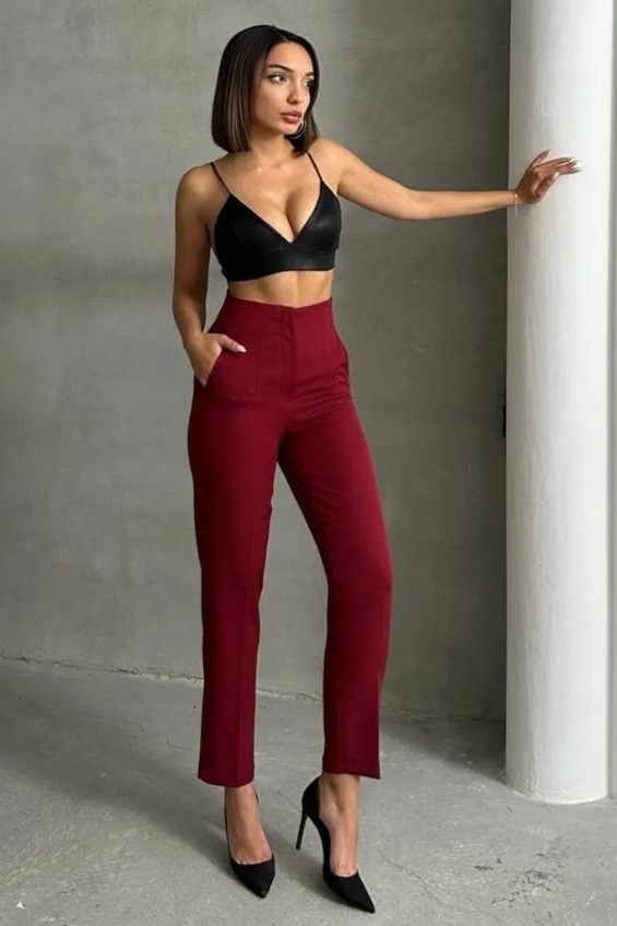 Yüksek Bel Pensli Dar Paça Toparlayıcı Pantolon TP4141 - bordo
