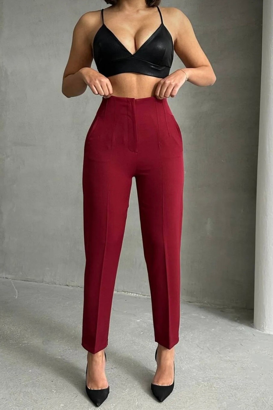Yüksek Bel Pensli Dar Paça Toparlayıcı Pantolon TP4141 - bordo