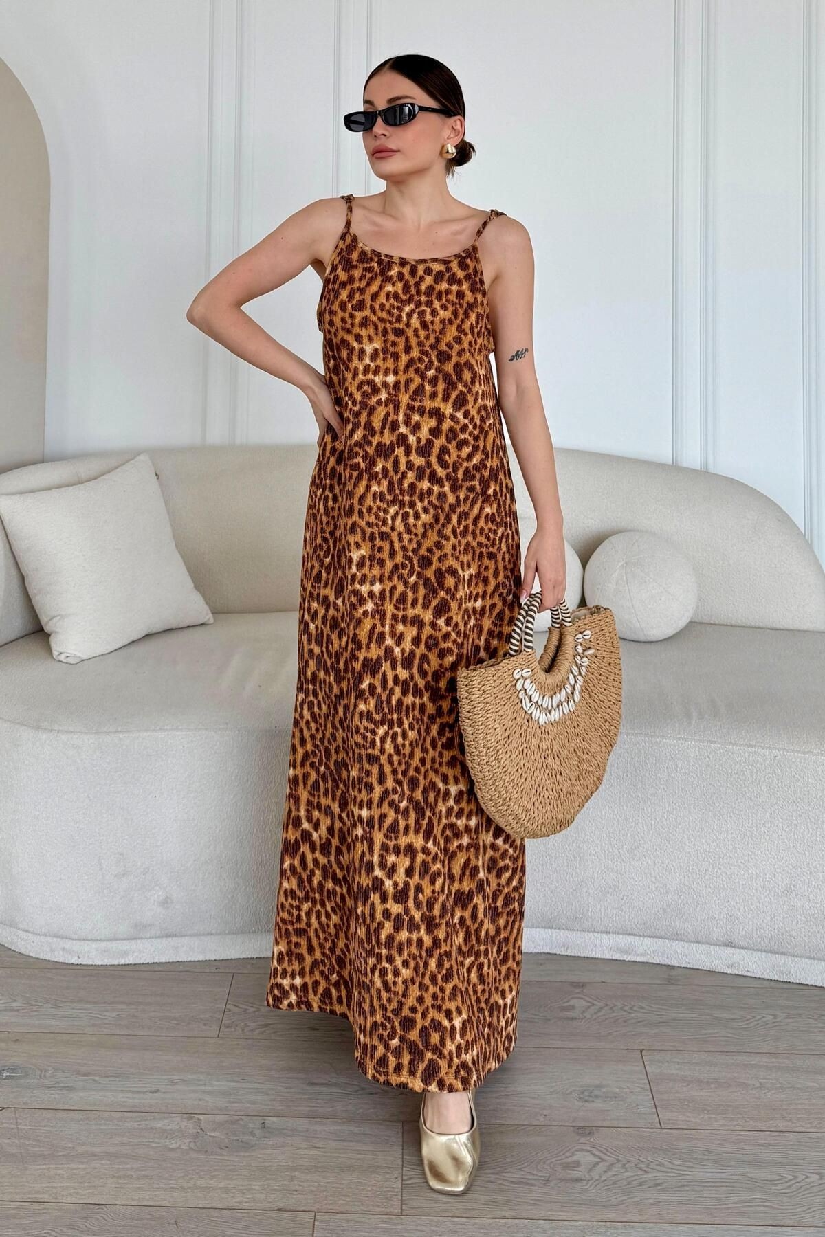 Premium Kalite Ütü İstemeyen Ada Elbise A9666 - leopar